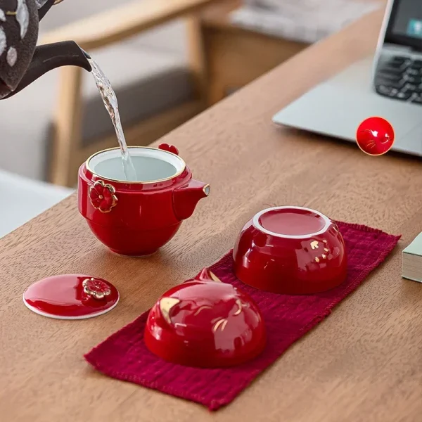 Portable Ceramic Lucky Cat Tea Cup Set 1 Teapot 2 Cups With Tea Strainer Lids 1 Storage Bag Tea Set Tea Pot And Cup Set - Image 4