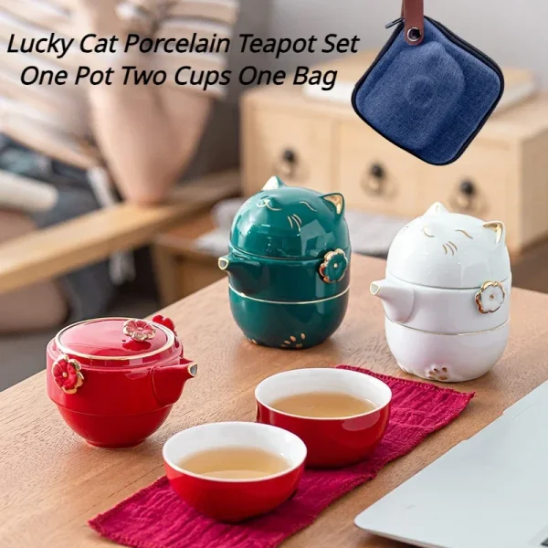 Portable Ceramic Lucky Cat Tea Cup Set 1 Teapot 2 Cups With Tea Strainer Lids 1 Storage Bag Tea Set Tea Pot And Cup Set