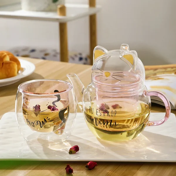 Creative Double Wall Glass Tea Cup Set, Cute Cat Tea Set, Coffee Pot, Teaware Mug, Teapot Gift