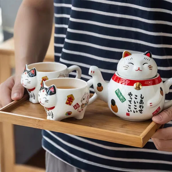 Ceramics Coffee Tea Set Japanese Lucky Cat Porcelain Teaware Sets Household 1 Pot 2 Cups Drinkware Kettle Bar Water Supplies - Image 2